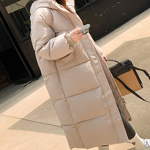 (YY) 심플 여성 롱 패딩 후드 루즈핏 점퍼 깔끔한 베이직 오버핏 캐주얼 러블리 데일리룩 아우터 - 상세 이미지 4