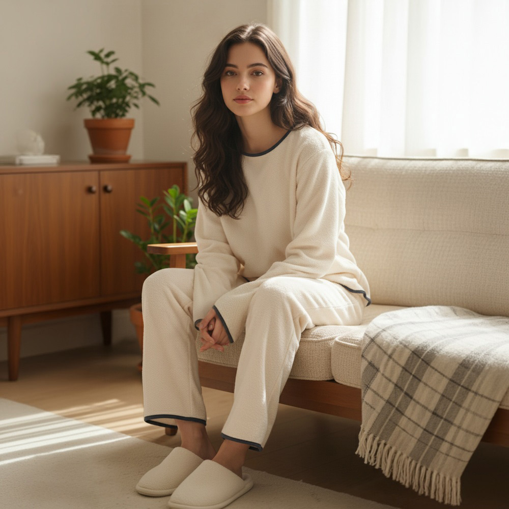 클라우드 터치 겨울 긴팔 긴바지 잠옷 홈웨어 극세사 파자마 세트 Ivory - 상세 이미지 2