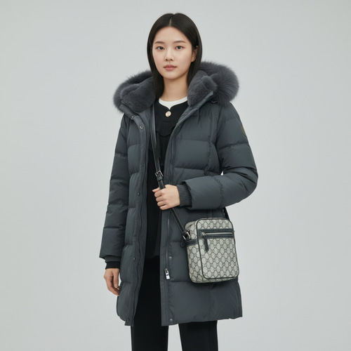 엄마옷 조이마담 J3384 폭스후드 밍크렉스퍼 벨트 덕다운 패딩 코트 점퍼 중년여성의류 - 상세 이미지 3