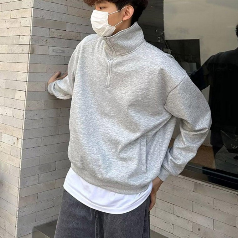 남자 외출 하프 반목 무지 시보리 집업 팔 티셔츠 남성 - 상품 이미지