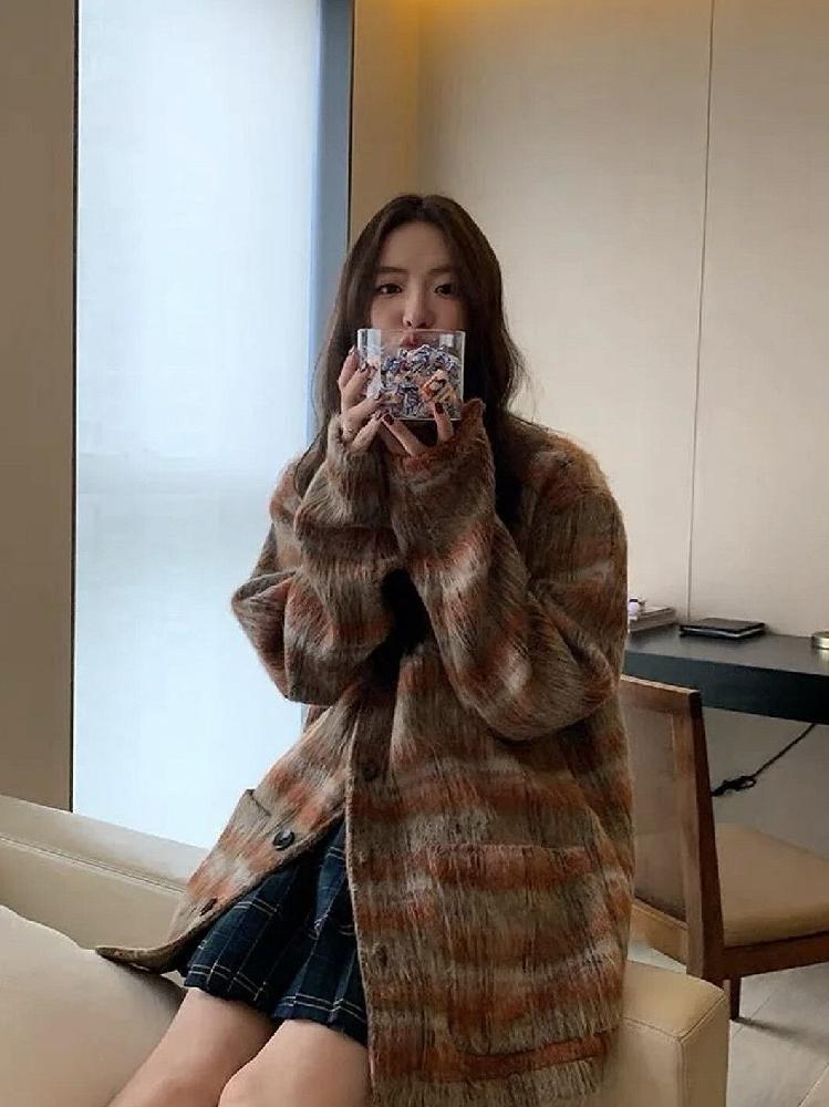 남자갈색가디건 어깨깡패 두툼한 앙고라 오버핏 갈색 갈색 격자 무늬 남 120g - 상세 이미지 3