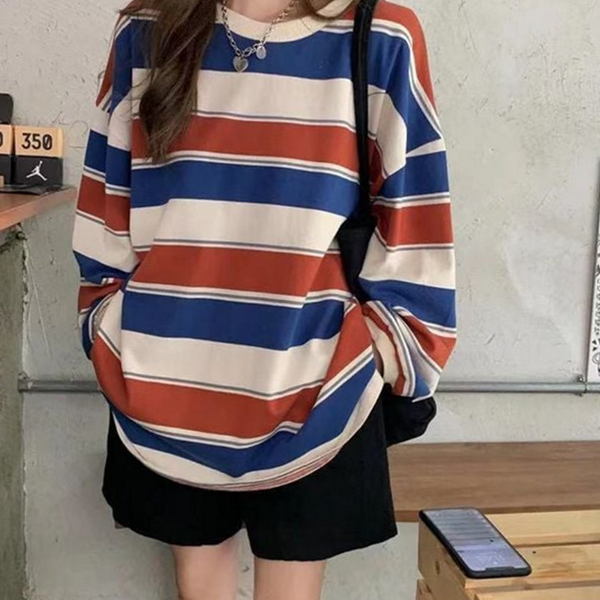 루즈핏 여성 스트라이프 티셔츠 단가라 여성 오버핏 티셔츠 데일리 가을 - 상품 이미지