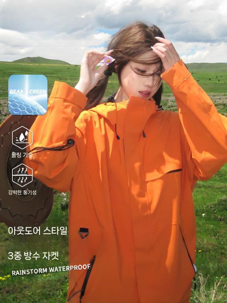 여성 방수 하드쉘 레인 여성용 가을 캠핑 방풍 경량 자켓 2688 산화 오렌지 3-in-1 XS - 상세 이미지 5