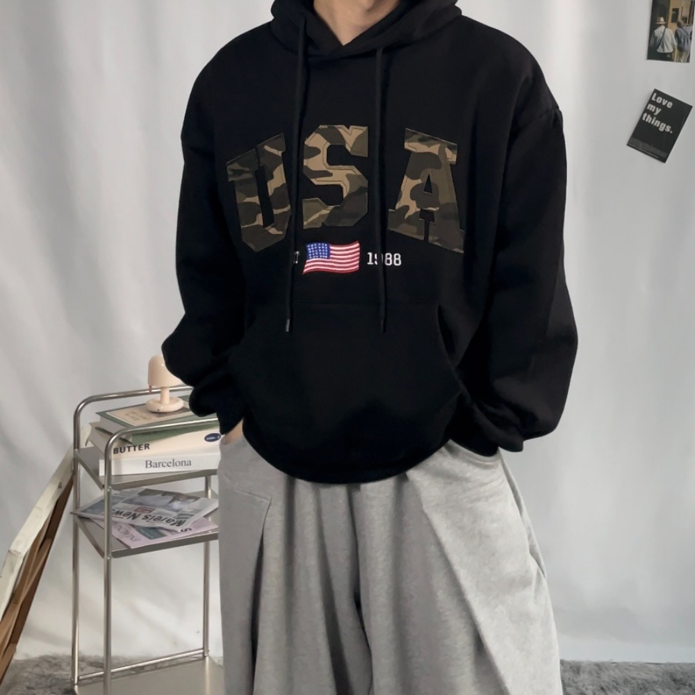 겨울 기모 버건디 후드티 남녀공용 레터링 프린팅 후드 티셔츠 무지 USA 자수 패치 - 상세 이미지 4