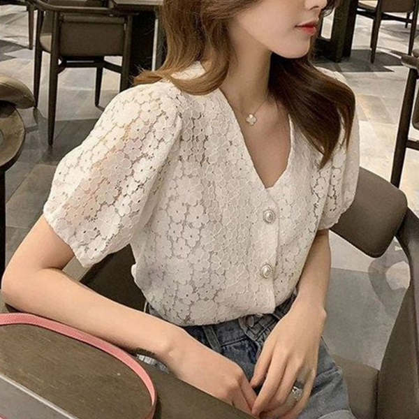 오버핏 여성 시스루 블라우스 레이스 여자 v넥 블라우스 자수 여름 - 상품 이미지