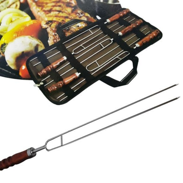 휴대용 원목 바베큐 꼬치 캠핑용 스테인레스 바베큐 꼬치 쌍열 세트