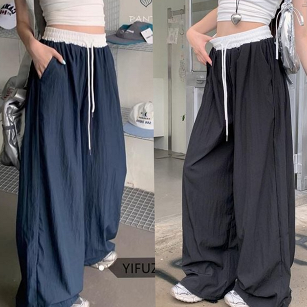 루즈핏 여성 와이드 팬츠 데일리 여성 스트링 팬츠 밴딩 여름 - 상품 이미지