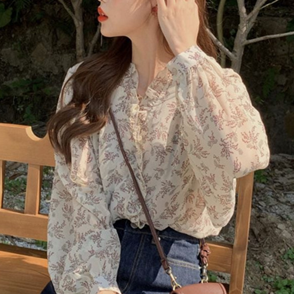 루즈핏 여성 플라워 블라우스 프릴 여성 쉬폰 블라우스 데이트 가을 - 상품 이미지
