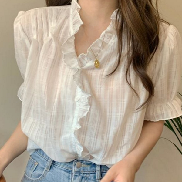 데일리 여성 브이넥 블라우스 레이스 여성 루즈핏 블라우스 오피스 여름 - 상품 이미지