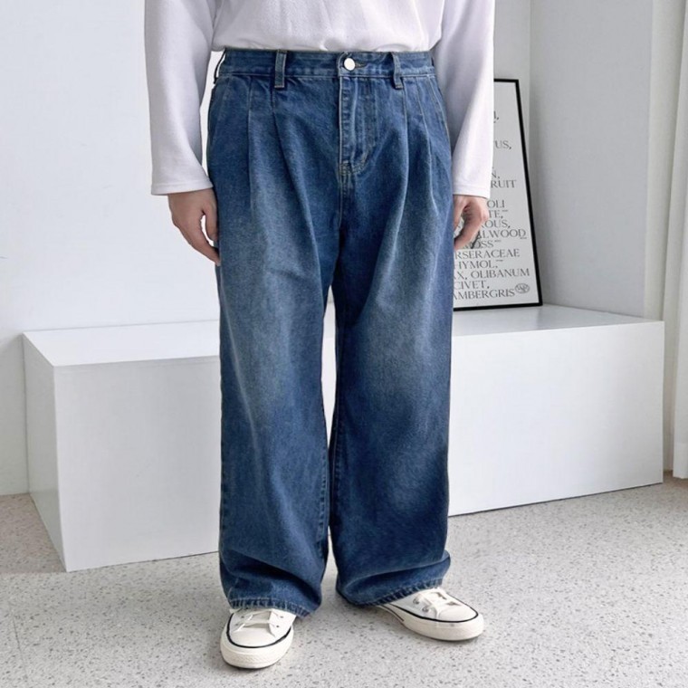 남자 데일리 핀턱 와이드핏 데님팬츠 중청 청바지 - 상품 이미지