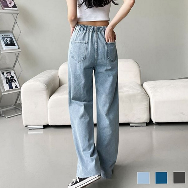 루즈핏 여성 와이드 청바지 데일리 여자 뒷밴딩 청바지 연청 캐주얼 - 상품 이미지