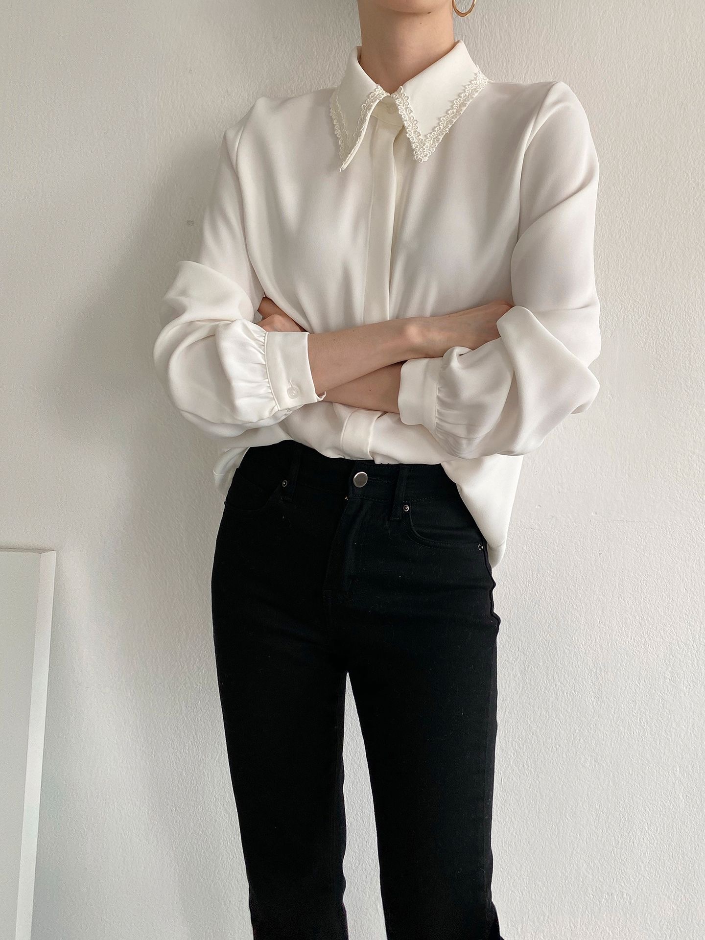 바넨 겨울 하객룩 블라우스 면접 정장 레이어드 카라 셔츠 - 상세 이미지 3