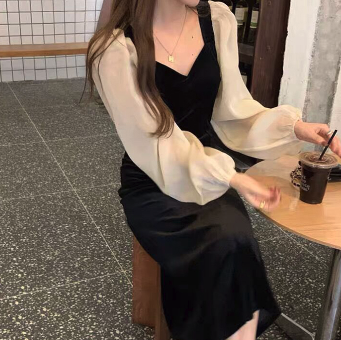 여성벨벳원피스 롱슬립원피스 블랙벨벳드레스 - 상품 이미지