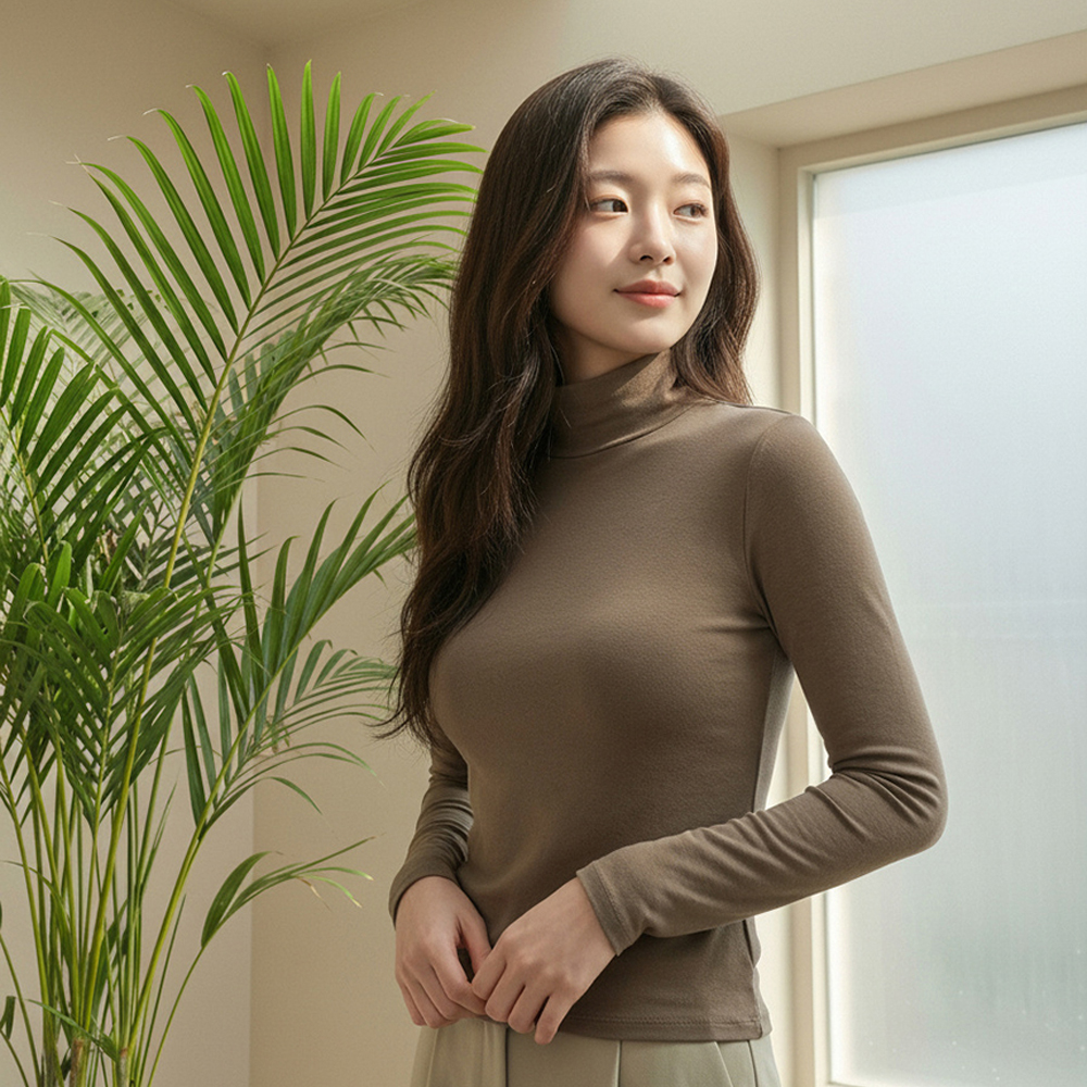 기모 목폴라 브라탑 브라일체형 긴팔티 겨울 발열 이너 슬림핏 여성 티셔츠 - 상품 이미지