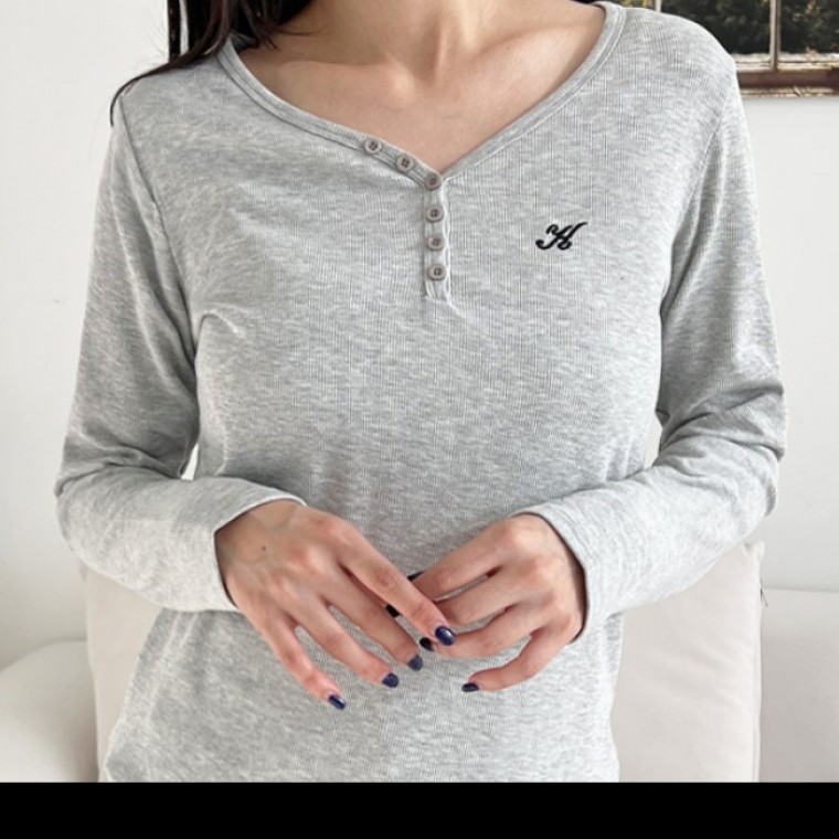 여성 여리핏 와이넥 골지 티셔츠 DJJ6306 - 상품 이미지