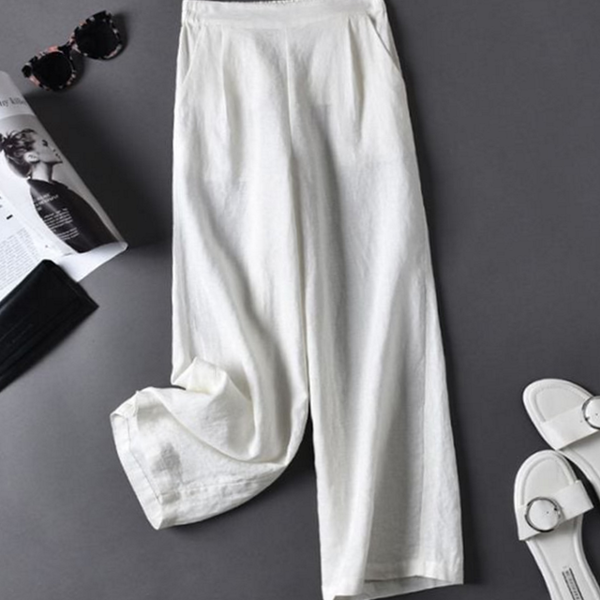 밴딩 여성 린넨 바지 슬림핏 여성 와이드 팬츠 여름 오피스 - 상품 이미지