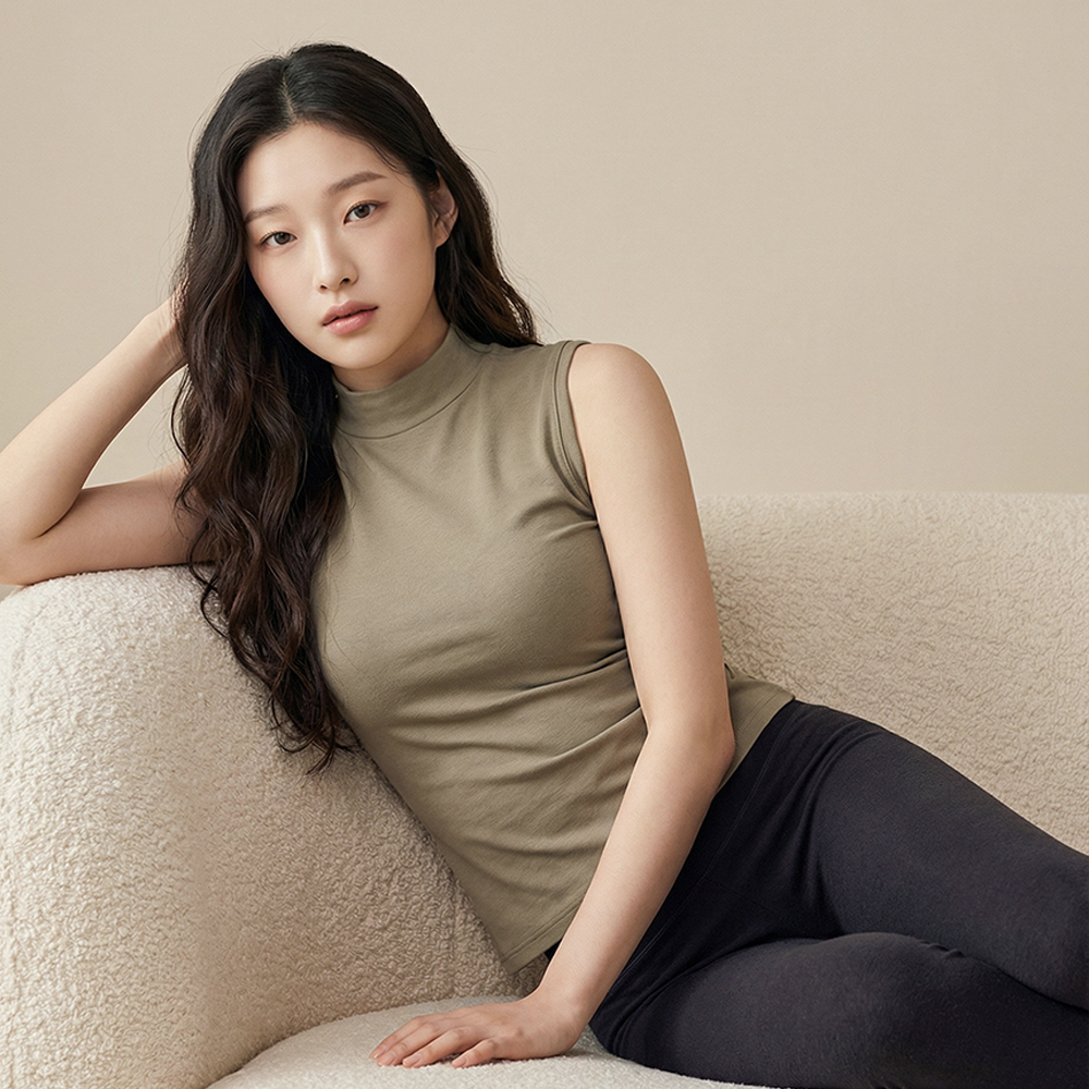 누모 노브라티 슬리브리스 기모 레이어드 이너 민소매 반폴라 브라 티셔츠 - 상세 이미지 4