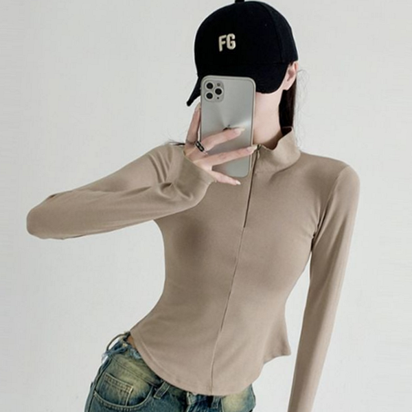 데일리 여성 슬림핏 티셔츠 하프넥 여성 크롭 티셔츠 세미 가을 - 상품 이미지