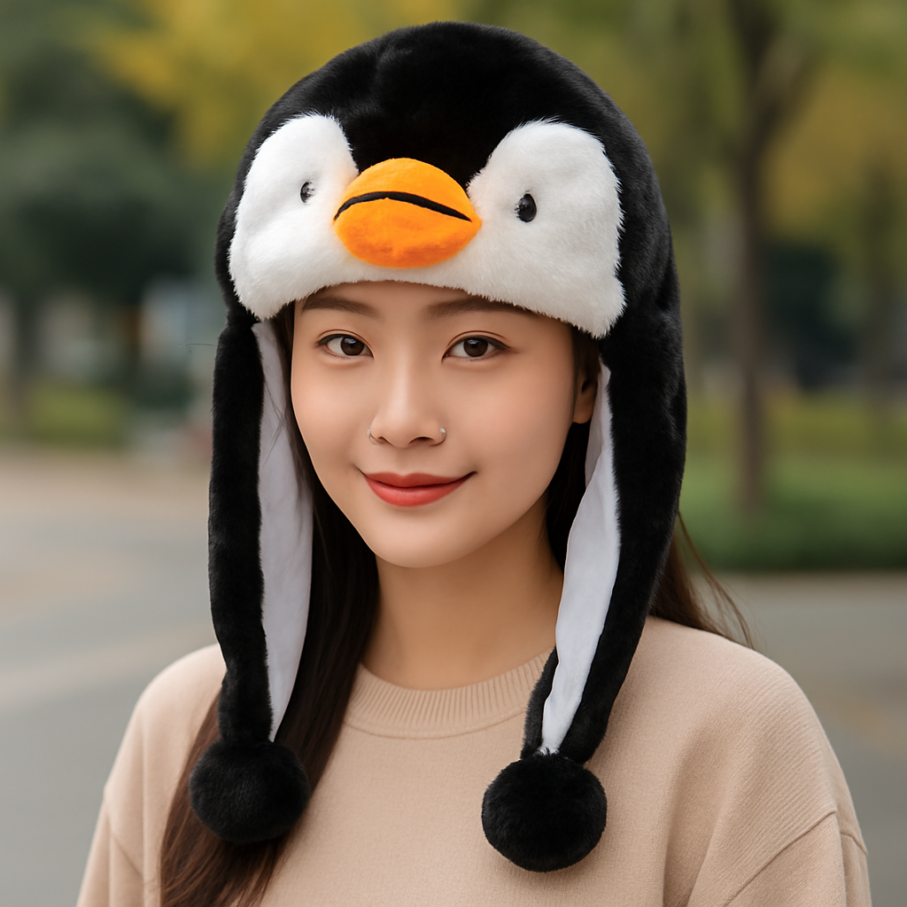 펭귄귀도리모자 털방한모 귀달이펭귄모자 - 메인 이미지