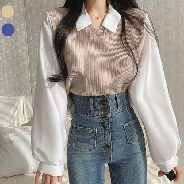 브이넥 여성 페이크 티셔츠 캐주얼 여성 레이어드 티셔츠 카라 가을 - 상품 이미지