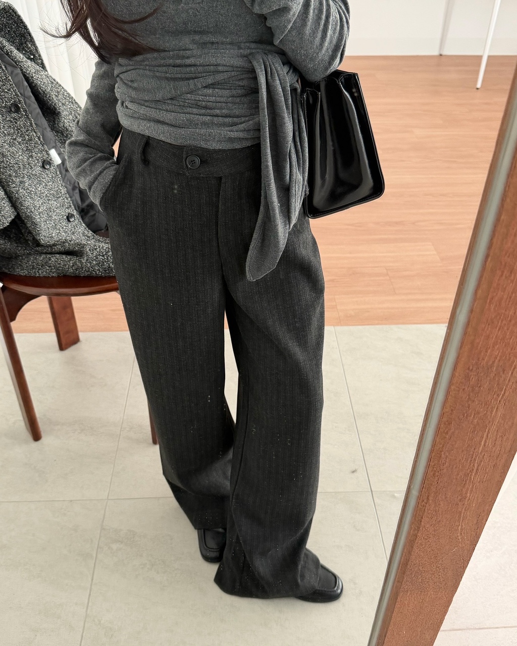 후너 여성 겨울 하이웨스트 스트라이프 롱 슬랙스 팬츠 - 상품 이미지