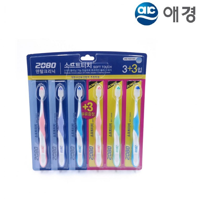 애경 2080 소프트터치 칫솔 6개입 혼합 이중미세모 - 메인 이미지