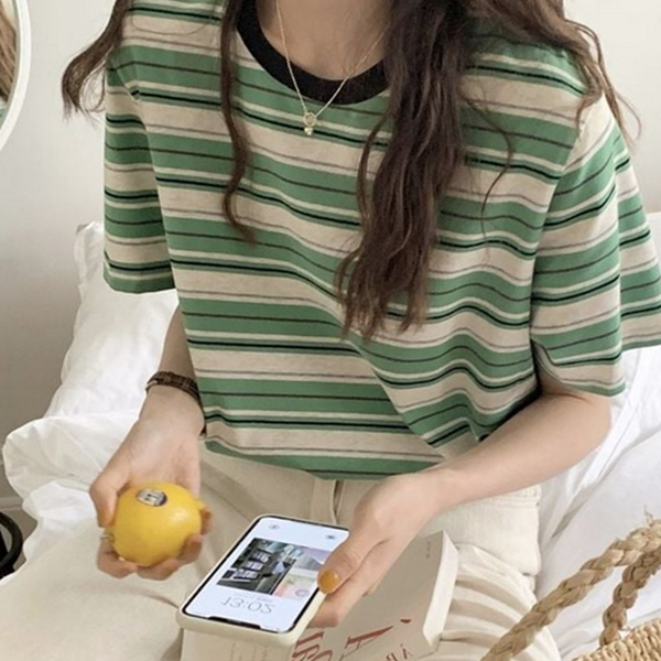 루즈핏 여자 단가라 티셔츠 스트라이프 여성 라운드 티셔츠 반팔 여름 - 상품 이미지