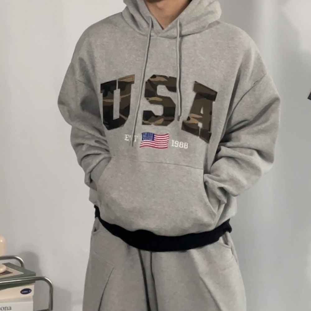 겨울 기모 버건디 후드티 남녀공용 레터링 프린팅 후드 티셔츠 무지 USA 자수 패치 이미지 7