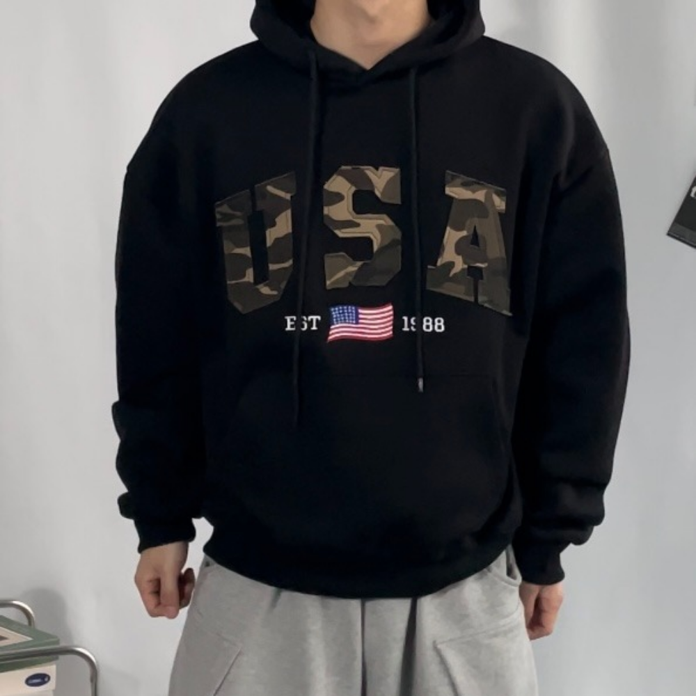 겨울 기모 버건디 후드티 남녀공용 레터링 프린팅 후드 티셔츠 무지 USA 자수 패치 - 상세 이미지 5