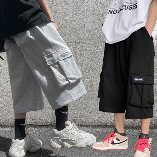 와이드 남자 카고 바지 캐주얼 남자 밴딩 바지 반바지 버뮤다 - 상품 이미지