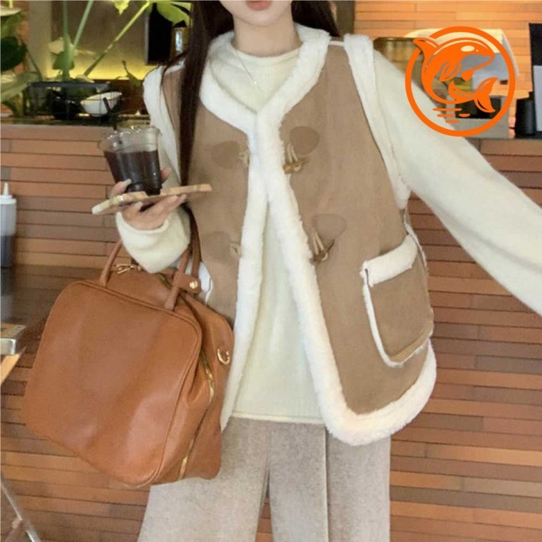 따뜻한 겨울 인조양털 베스트 버튼 조끼 아우터 클래식 스타일 아이템 - 메인 이미지