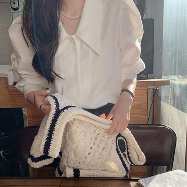 데일리 여성 카라 블라우스 벌룬 여성 퍼프 셔츠 화이트 가을 - 상품 이미지