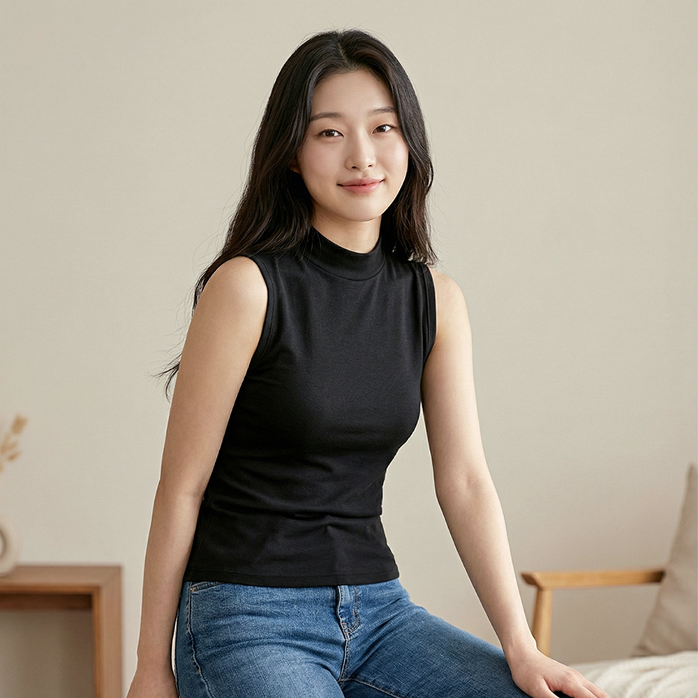 누모 노브라티 슬리브리스 기모 레이어드 이너 민소매 반폴라 브라 티셔츠 - 상세 이미지 3
