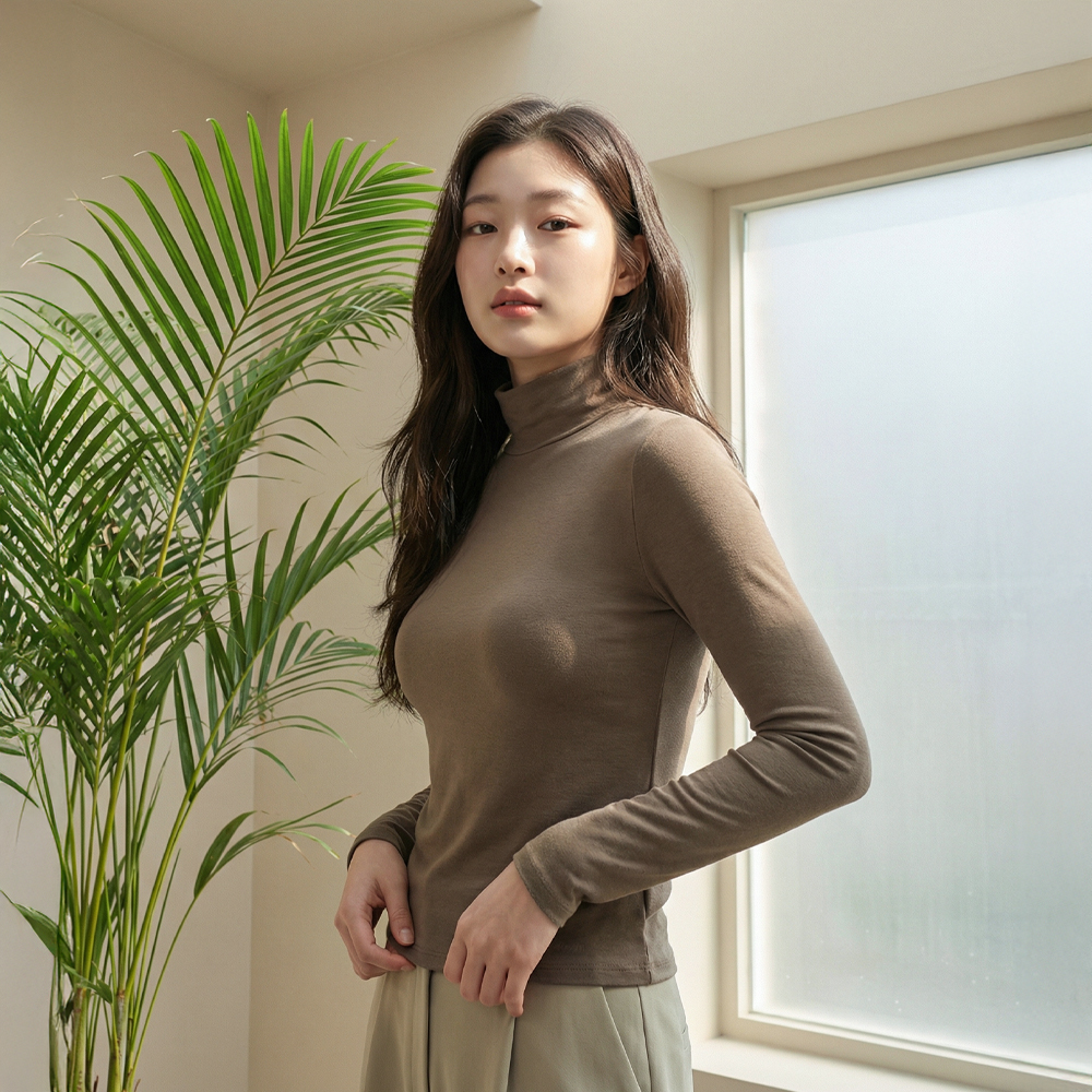 기모 목폴라 브라탑 브라일체형 긴팔티 겨울 발열 이너 슬림핏 여성 티셔츠 - 상세 이미지 2