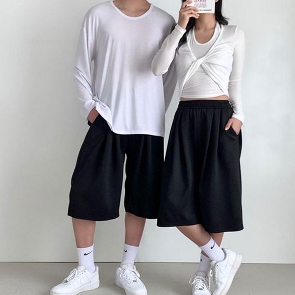 와이드 남녀공용 버뮤다 팬츠 밴딩 남성 버뮤다 팬츠 무릎 여름 - 상품 이미지
