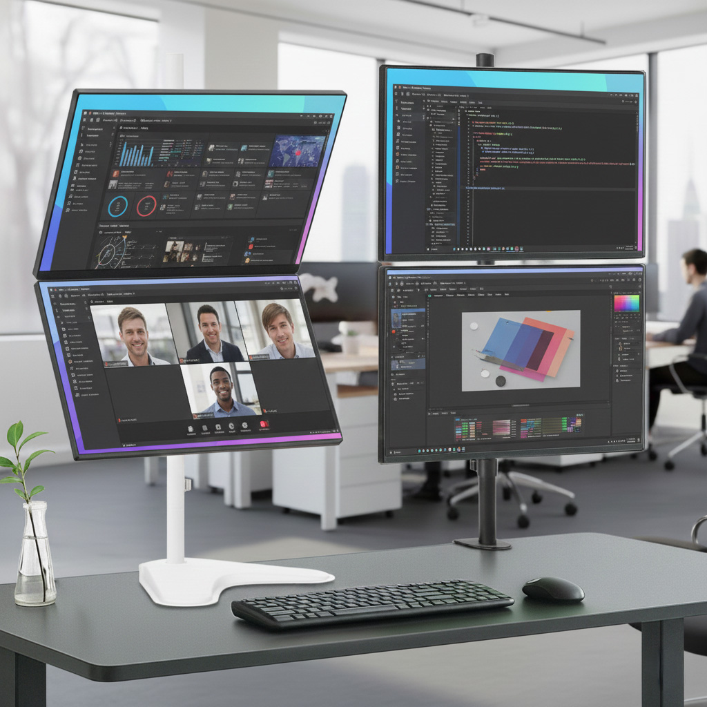 마운트뷰 클램프 상하 듀얼 모니터암 더블 모니터 거치대 긴 높은 위아래 수직 폴타입 스탠드 제품 이미지