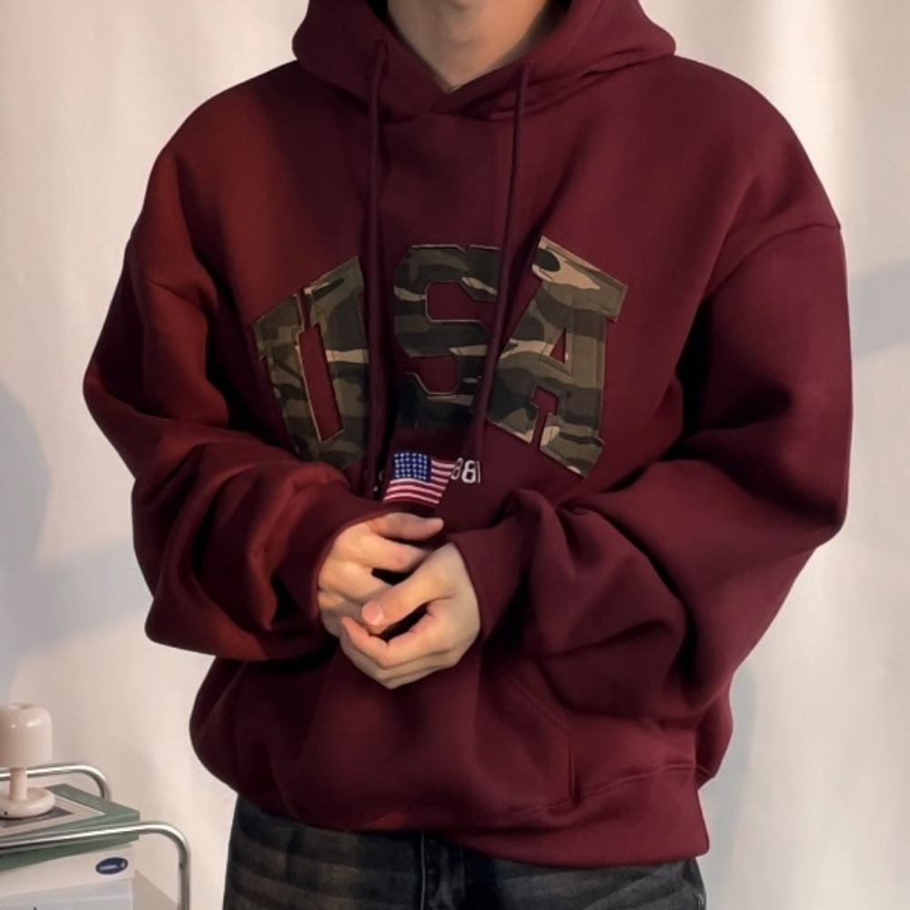 겨울 기모 버건디 후드티 남녀공용 레터링 프린팅 후드 티셔츠 무지 USA 자수 패치 - 상품 이미지
