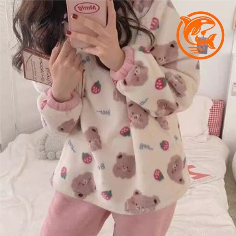 부드러운 극세사 딸기곰 수면바지 아동 겨울용 파자마 아기용 따뜻한 슬리핑웨어 - 메인 이미지