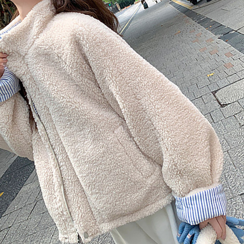 (YY) 매력적인 여성 양털 패딩 심플 스트라이프 리버시블 집업 점퍼 반하이넥 루즈핏 데일리룩 - 상세 이미지 4