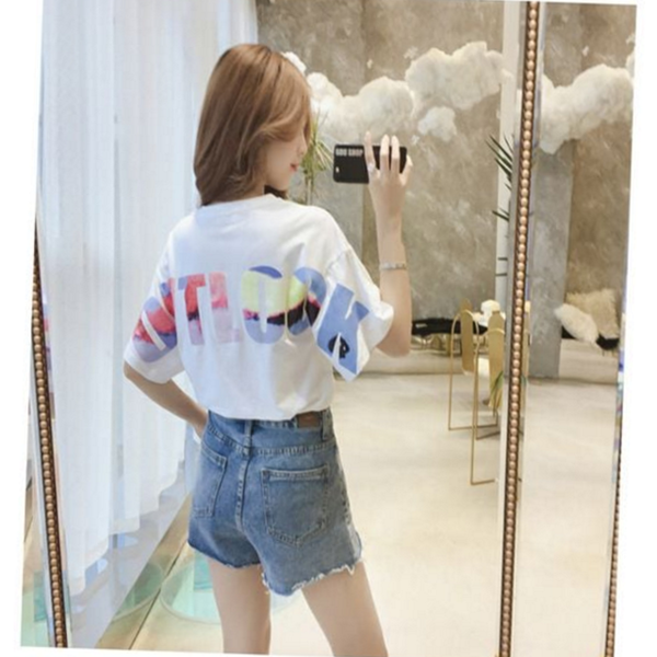 데일리 여성 루즈핏 티셔츠 캐주얼 여성 반팔 티셔츠 레터링 라운드 - 상품 이미지