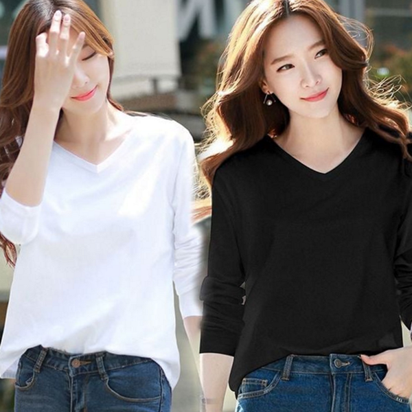 데일리 여성 루즈핏 티셔츠 라운드 여성 브이넥 티셔츠 여자 가을 - 상품 이미지