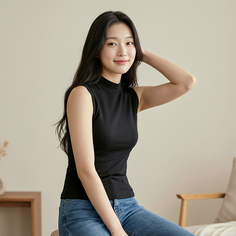 누모 노브라티 슬리브리스 기모 레이어드 이너 민소매 반폴라 브라 티셔츠 - 상세 이미지 2