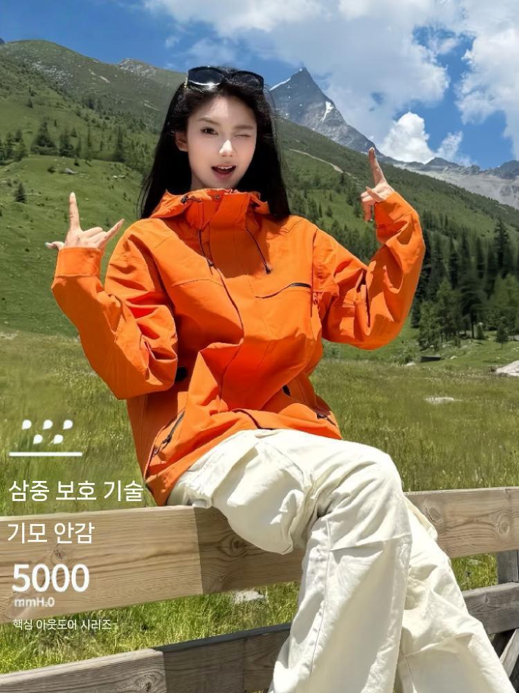 여성 방수 하드쉘 레인 여성용 가을 캠핑 방풍 경량 자켓 2688 산화 오렌지 3-in-1 XS - 상세 이미지 3