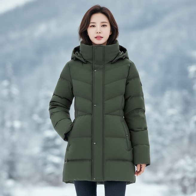 밀레 아웃도어 여자 캐쥬얼 스판 허리스트링 구스다운 하프코트 패딩점퍼 - 메인 이미지