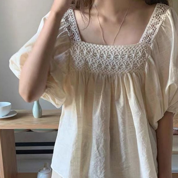 루즈핏 여자 스퀘어넥 블라우스 퍼프 여성 펀칭 블라우스 여름 반팔 - 상품 이미지