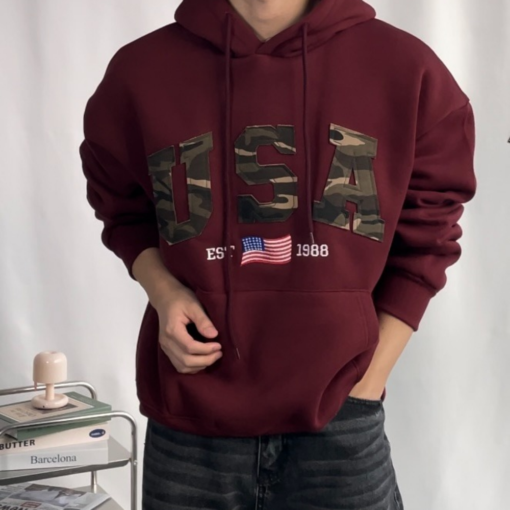 겨울 기모 버건디 후드티 남녀공용 레터링 프린팅 후드 티셔츠 무지 USA 자수 패치 - 상세 이미지 2