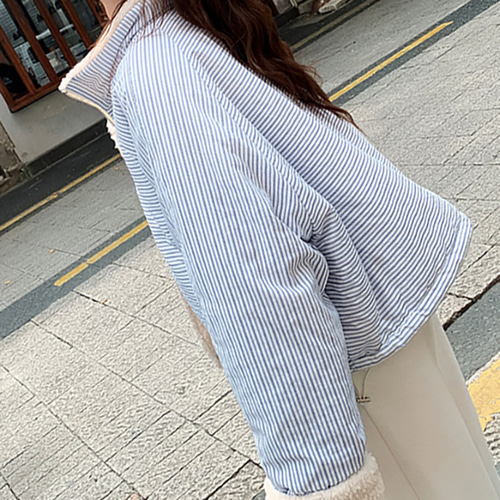 (YY) 매력적인 여성 양털 패딩 심플 스트라이프 리버시블 집업 점퍼 반하이넥 루즈핏 데일리룩 - 상세 이미지 3