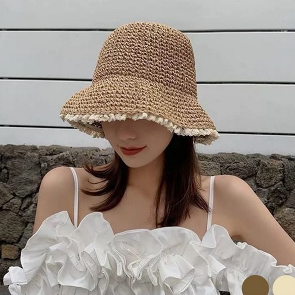 레이스 여성 왕골 모자 와이드챙 여성 라탄 모자 휴양지 비치 - 상품 이미지