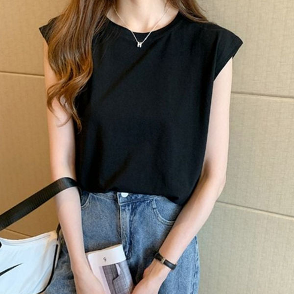 데일리캡 여자 캡 소매 나시 라운드 여자 루즈핏 티셔츠 민소매 - 상품 이미지
