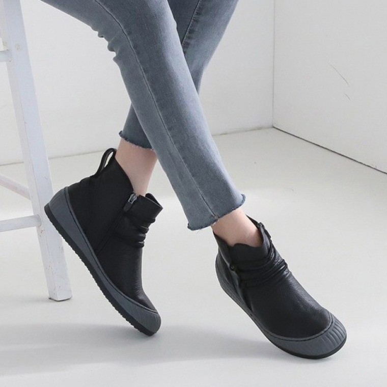 국내제작 소가죽 주름 옆지퍼 통굽 기모 앵클부츠 4f - 상품 이미지